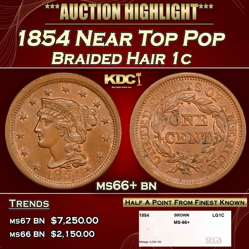 1854 Braided Hair Large Cent Near Top Pop 1c ms66+ bn SEGS (1 of 4)