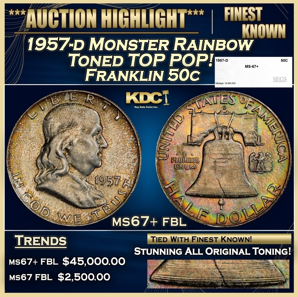 1957-d Franklin Half Dollar Monster Rainbow Toned TOP POP! 50c ms67+ fbl SEGS (1 of 5)