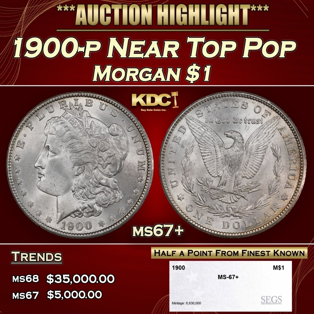 1900-p Morgan Dollar Near Top Pop $1 ms67+ SEGS: 1900-p Near Top Pop Morgan Dollar $1 ms67+ SEGS. 0