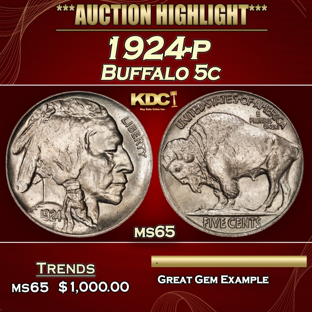 1924-p Buffalo Nickel 5c ms65 SEGS (1 of 3)