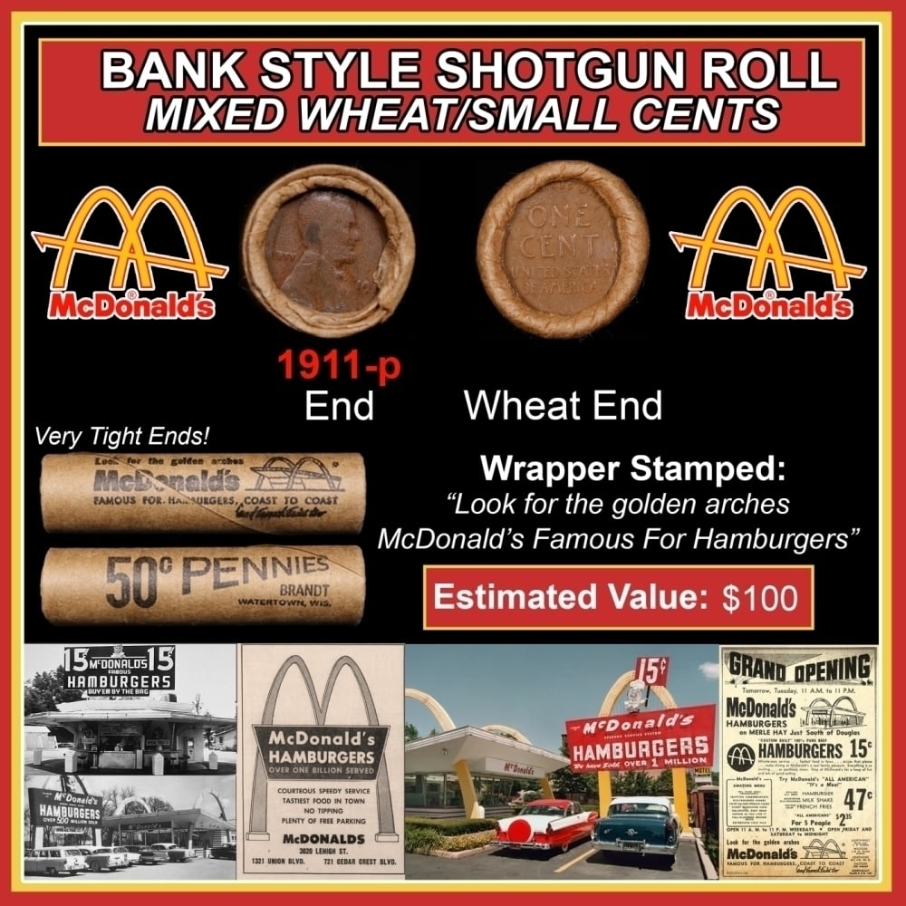 Lincoln Wheat Cent 1c Mixed Roll Orig Brandt McDonalds Wrapper, 1911-p end, Wheat other end (1 of 3)