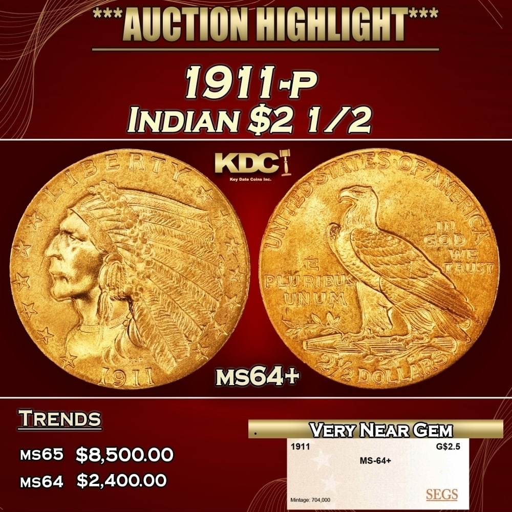 1911-p Gold Indian Quarter Eagle $2 1/2 ms64+ SEGS: 1911-p Gold Indian Quarter Eagle $2 1/2 ms64+ SEGS. Historic precious metal trends is causing increased spot pricing by the day. On auctions with set openings, we are doing our best to have items pric