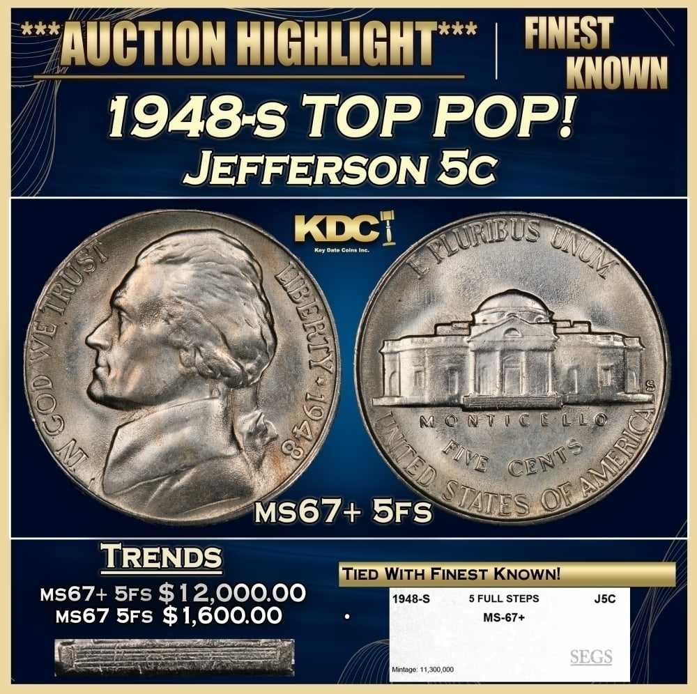 1948-s Jefferson Nickel TOP POP! 5c ms67+ 5fs SEGS (1 of 4)