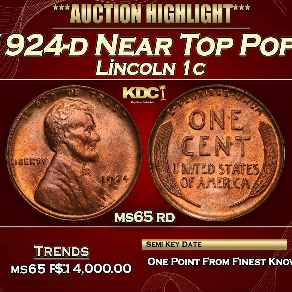 1924-d Lincoln Cent Near Top Pop! 1c ms65 rd SEGS (1 of 3)