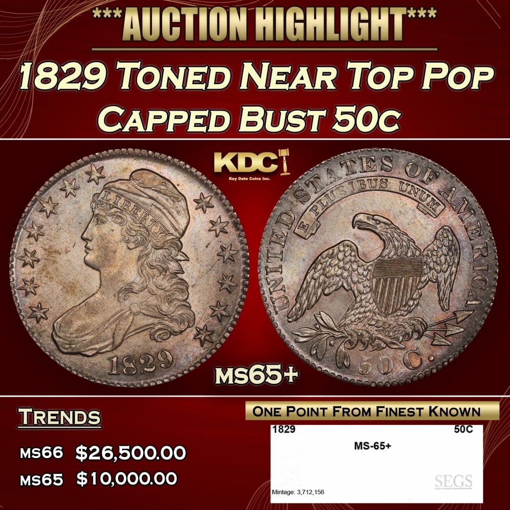 1829 Capped Bust Half Dollar Toned Near Top Pop 50c ms65+ SEGS (1 of 4)
