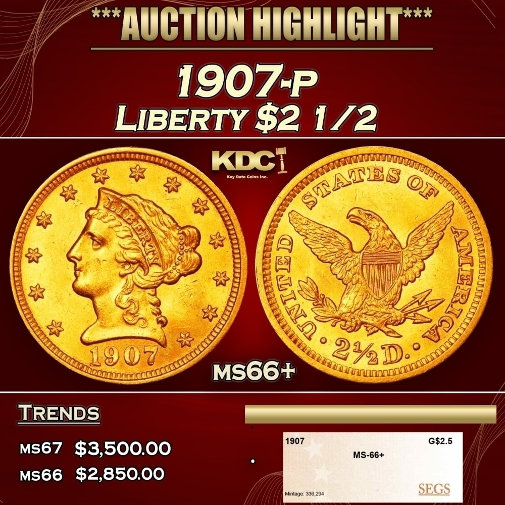 1907-p Gold Liberty Quarter Eagle $2 1/2 ms66+ SEGS (1 of 4)