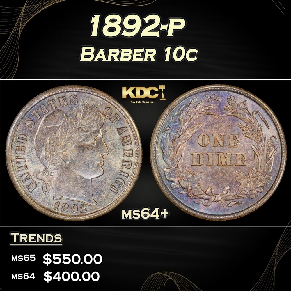 1892-p Barber Dime 10c Grades ms64+ (1 of 3)