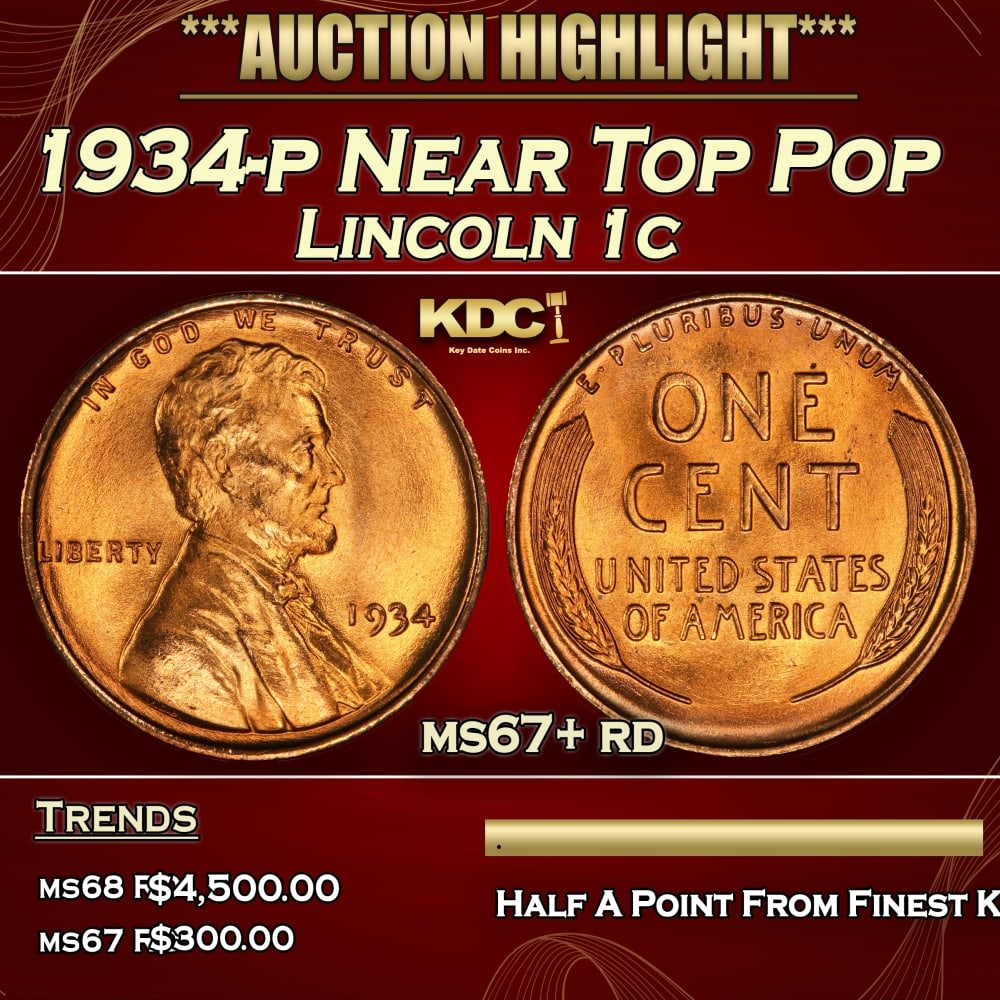 1934-p Lincoln Cent Near Top Pop 1c ms67+ rd SEGS (1 of 3)
