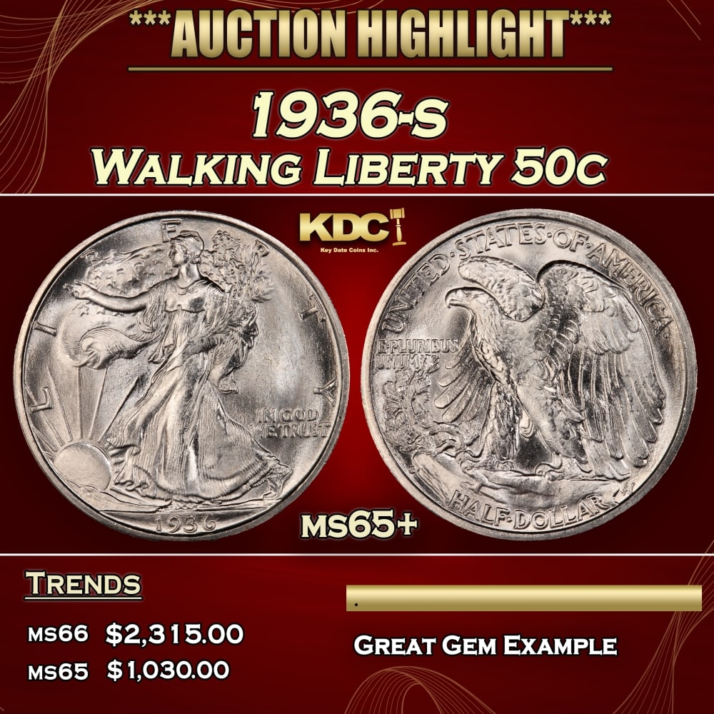 1936-s Walking Liberty Half Dollar 50c ms65+ SEGS (1 of 3)