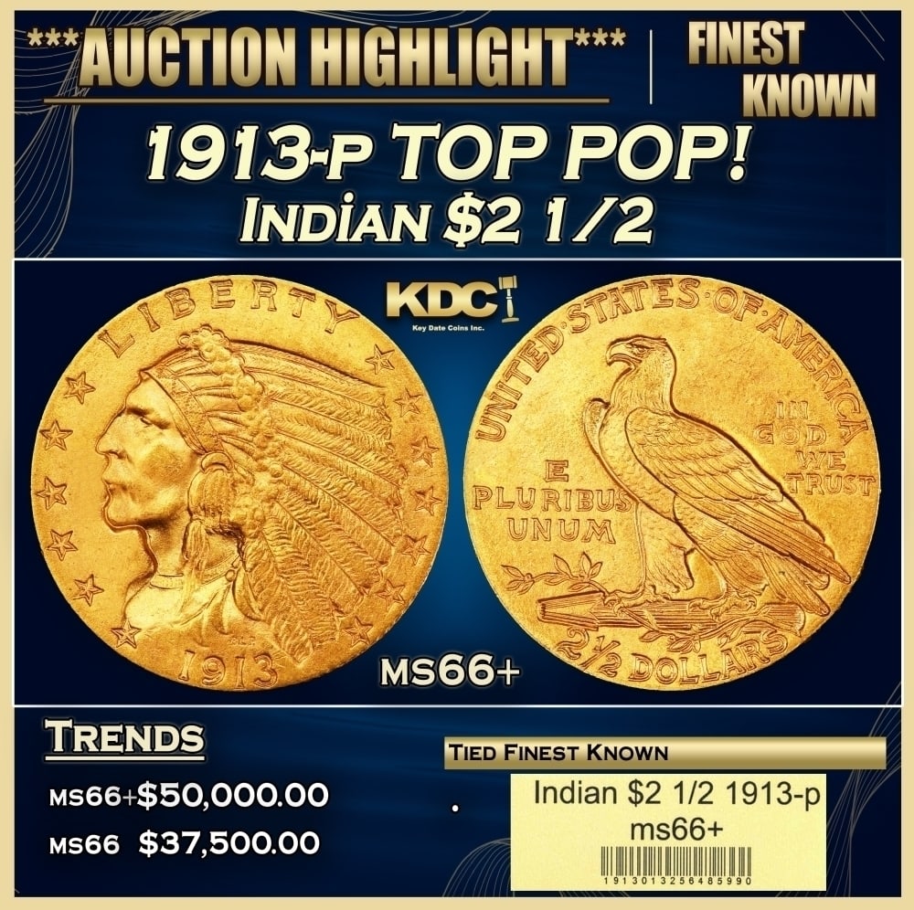 1913-p Gold Indian Quarter Eagle TOP POP! $2 1/2 ms66+ USCG (1 of 4)