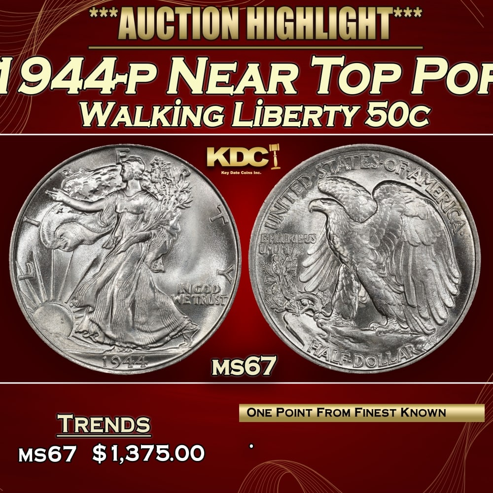 1944-p Walking Liberty Half Dollar Near Top Pop 50c ms67 SEGS: 1944-p Near Top Pop Walking Liberty Half Dollar 50c ms67 SEGS.