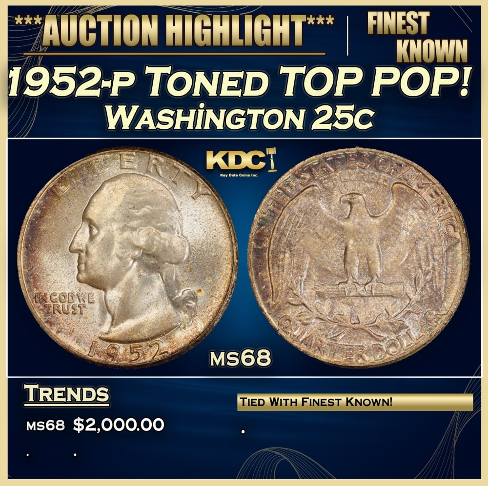 1952-p Washington Quarter Toned TOP POP! 25c ms68 SEGS (1 of 3)