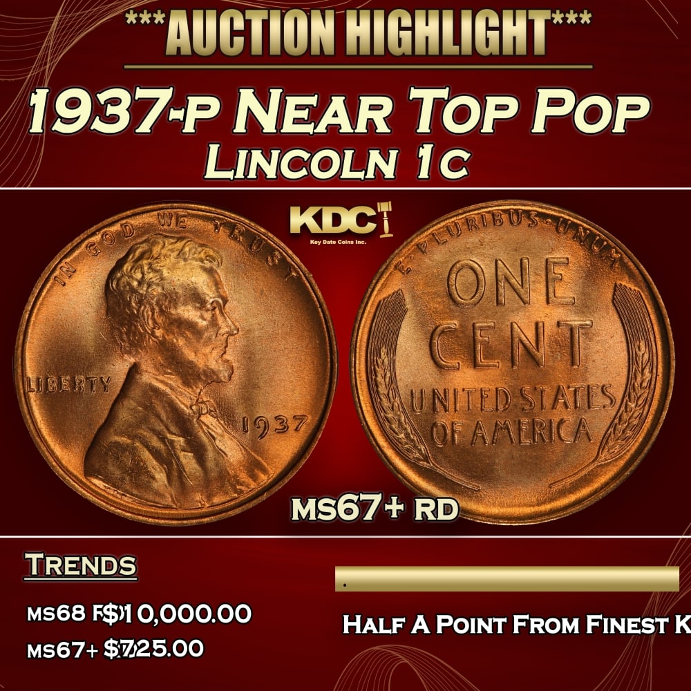 1937-p Lincoln Cent Near Top Pop 1c ms67+ rd SEGS (1 of 3)
