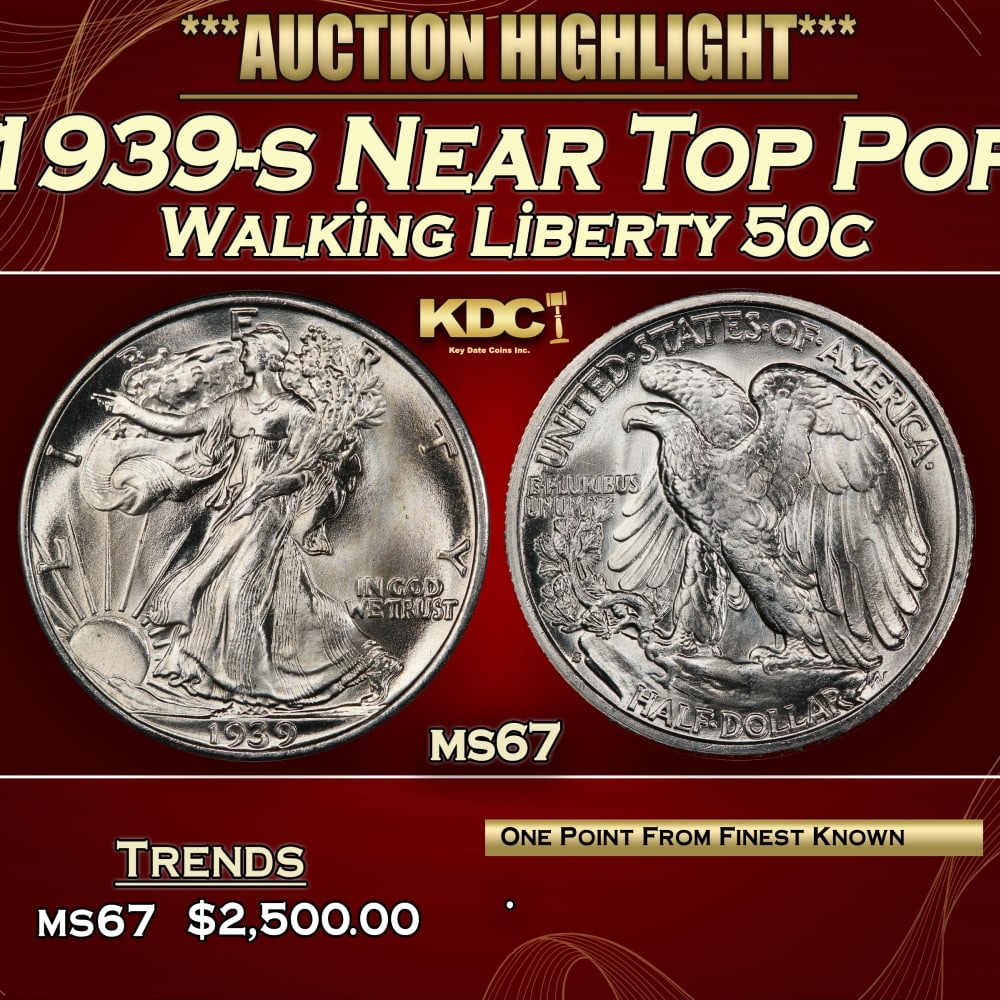 1939-s Walking Liberty Half Dollar Near Top Pop 50c ms67 SEGS: 1939-s Near Top Pop Walking Liberty Half Dollar 50c ms67 SEGS.