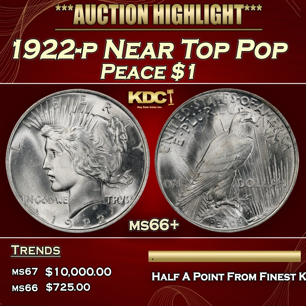 1922-p Peace Dollar Near Top Pop $1 ms66+ SEGS: 1922-p Near Top Pop Peace Dollar $1 ms66+ SEGS. 0