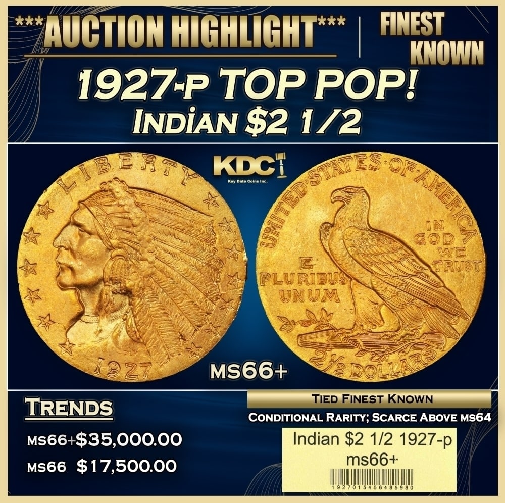 1927-p Gold Indian Quarter Eagle TOP POP! $2 1/2 ms66+ USCG: 1927-p TOP POP! Gold Indian Quarter Eagle $2 1/2 ms66+ USCG. Per David Akers of PCGS "The 1927 is similar in overall rarity to the 1926 and can be obtained without much difficulty in MS-65 or lower co