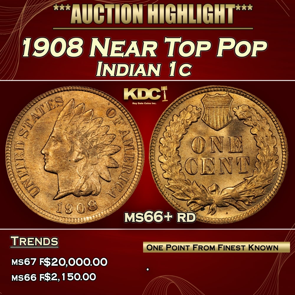 1908 Indian Cent Near Top Pop 1c ms66+ rd SEGS: 1908 Near Top Pop Indian Cent 1c ms66+ rd SEGS. 0