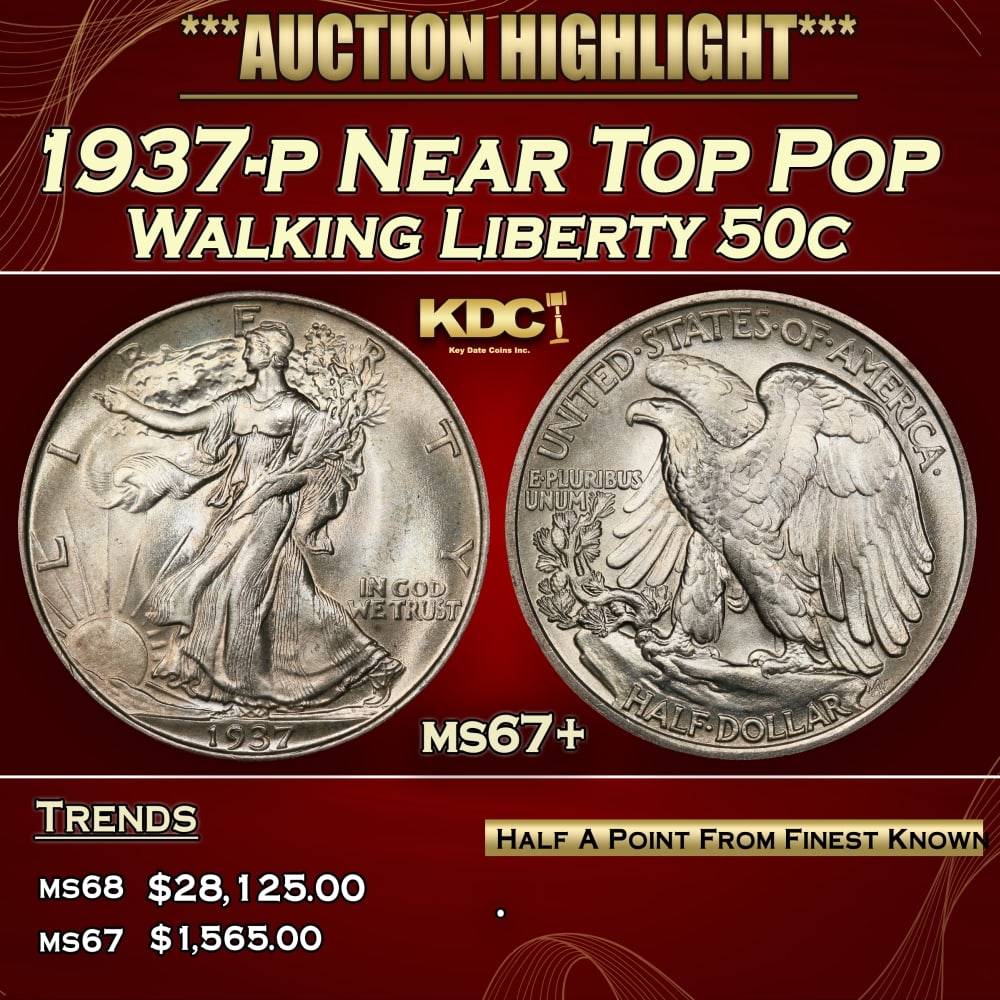 1937-p Walking Liberty Half Dollar Near Top Pop 50c ms67+ SEGS (1 of 3)