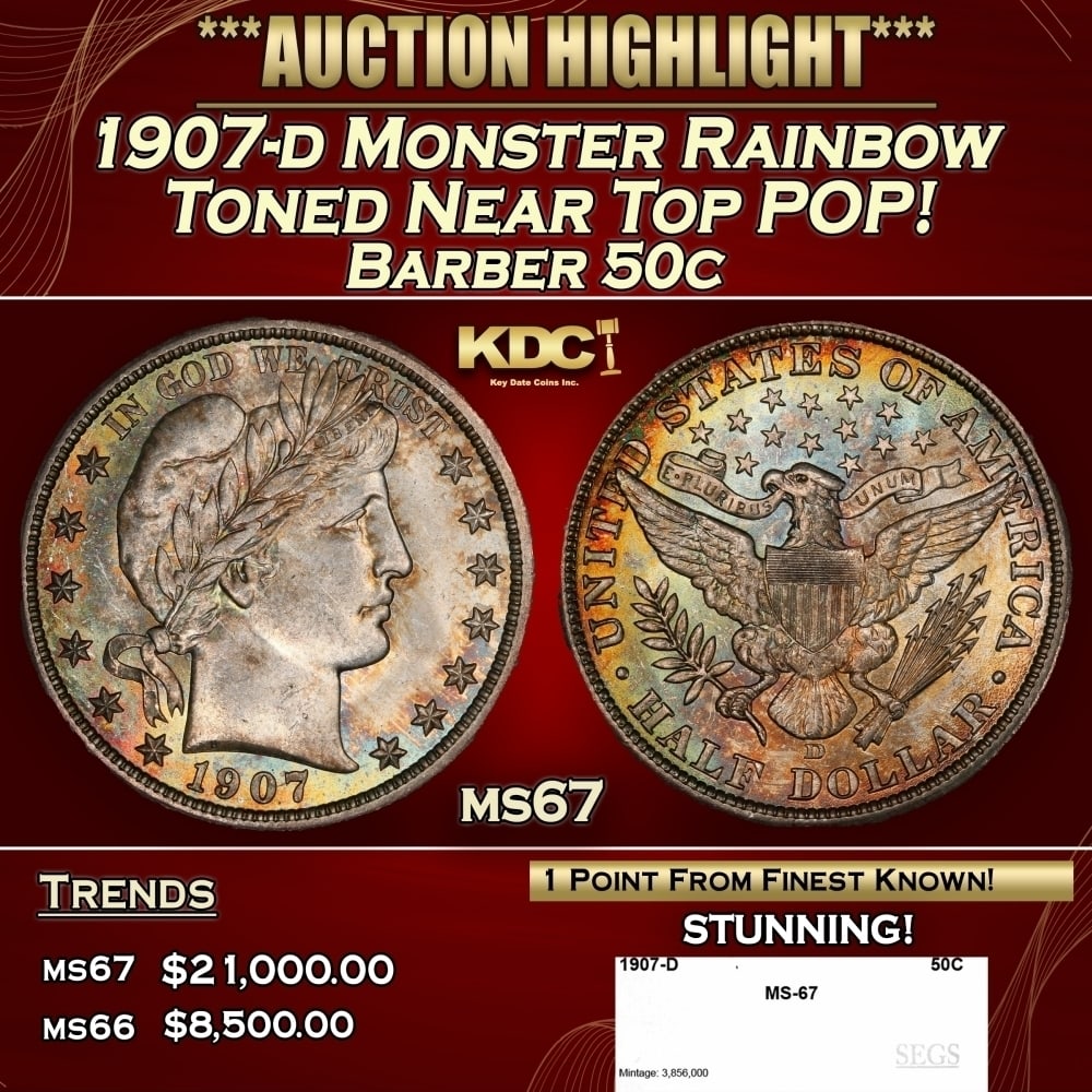 1907-d Barber Half Dollars Monster Rainbow Toned Near Top POP! 50c ms67 SEGS (1 of 4)