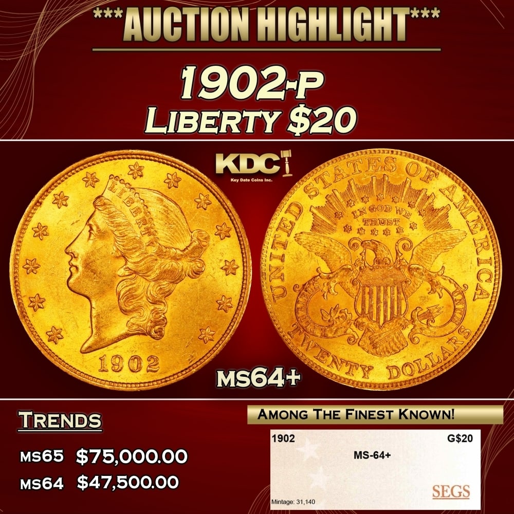 1902-p Gold Liberty Double Eagle $20 ms64+ SEGS (1 of 4)