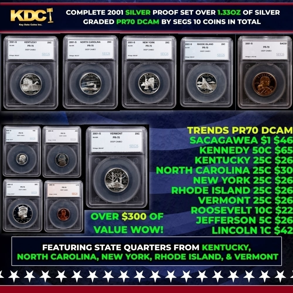 2001 US Silver Proof Set Graded pr70 DCAM By SEGS about 1.5 oz of pure silver 10 Coins (1 of 12)