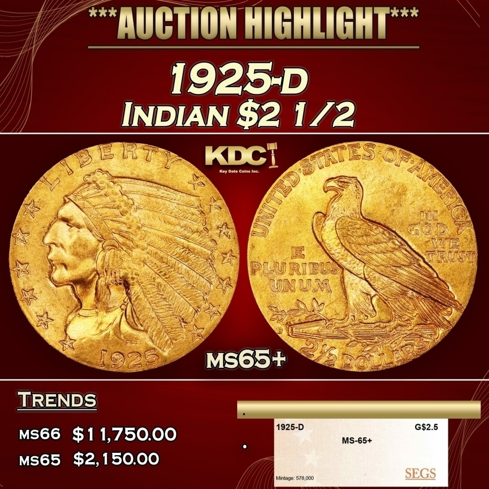 1925-d Gold Indian Quarter Eagle $2 1/2 ms65+ SEGS: 1925-d Gold Indian Quarter Eagle $2 1/2 ms65+ SEGS. Historic precious metal trends is causing increased spot pricing by the day. On auctions with set openings, we are doing our best to have items pric