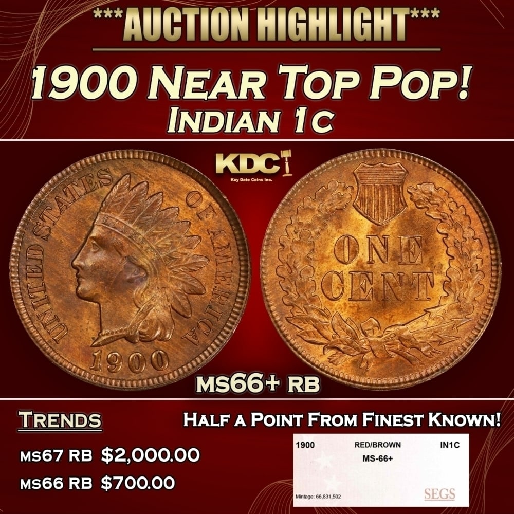 1900 Indian Cent Near Top Pop! 1c ms66+ rb SEGS (1 of 4)