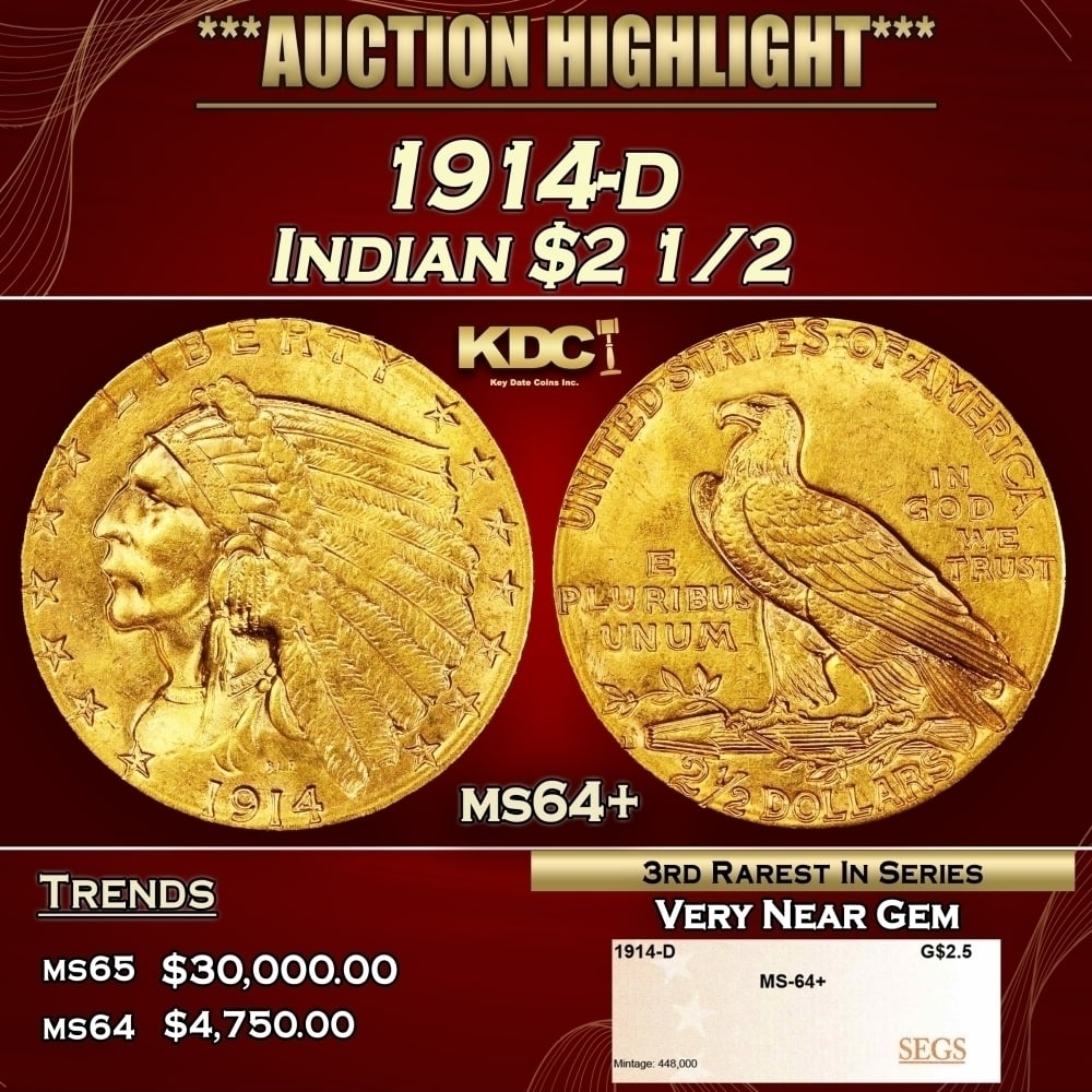 1914-d Gold Indian Quarter Eagle $2 1/2 ms64+ SEGS (1 of 4)