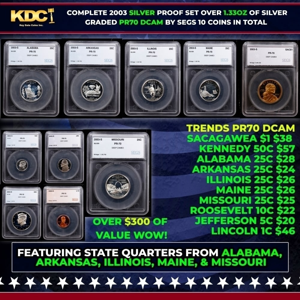 2003 US Silver Proof Set Graded pr70 DCAM By SEGS about 1.5 oz of pure silver 10 Coins (1 of 12)