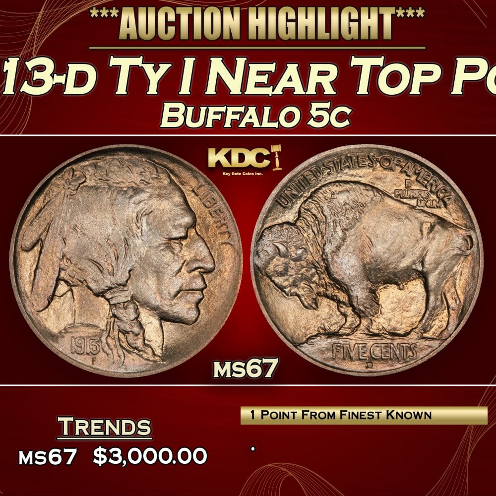 1913-d Ty I Buffalo Nickel Near Top Pop! 5c ms67 SEGS (1 of 3)