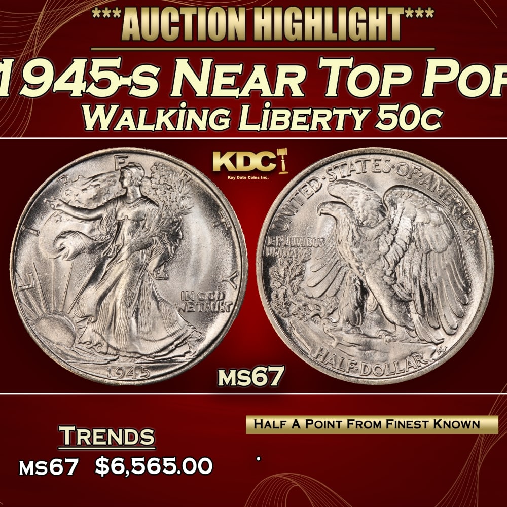 1945-s Walking Liberty Half Dollar Near Top Pop 50c ms67 SEGS: 1945-s Near Top Pop Walking Liberty Half Dollar 50c ms67 SEGS.