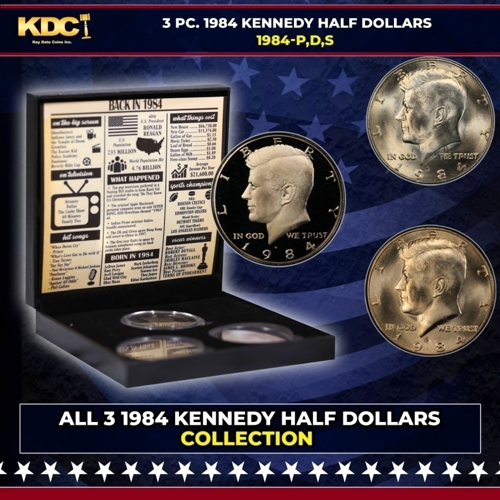 Complete 3 PC. 1984 Kennedy Half Dollar 50c set In Custom Box W/ Special Backer Card BU & Proof (1 of 7)