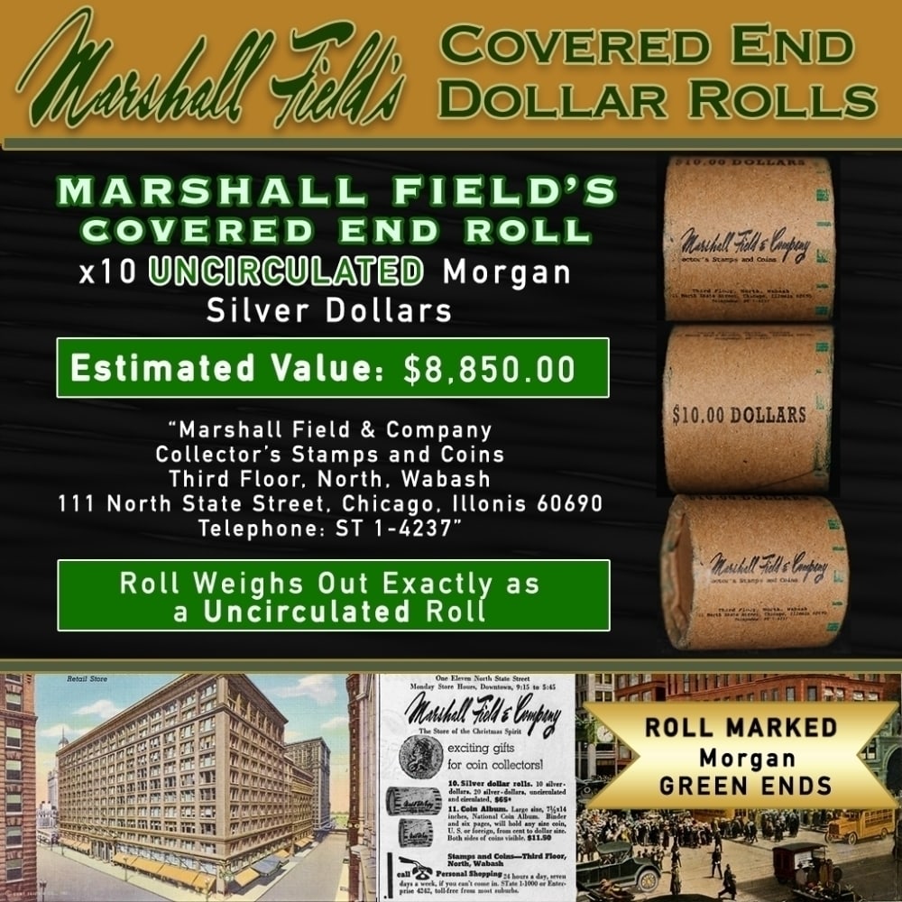 Rare Morgan UNC MARSHALL FIELDS 10 $1 Roll Green Level (1 of 7)
