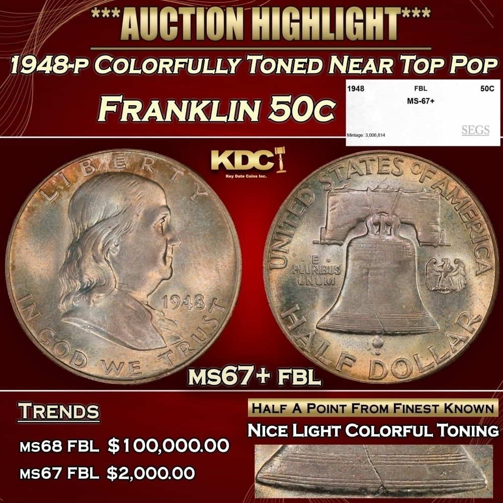 1948-p Franklin Half Dollar Colorfully Toned Near Top Pop 50c ms67+ fbl SEGS (1 of 5)