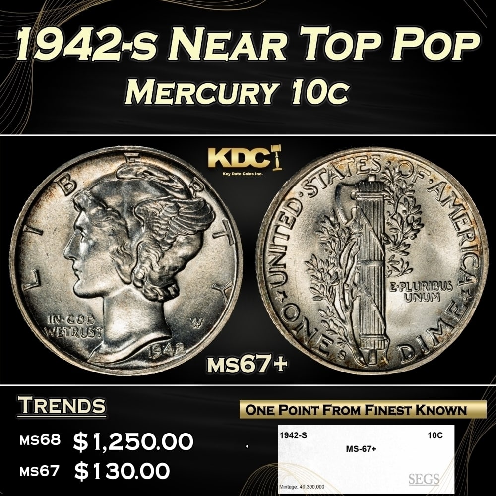 1942-s Mercury Dime Near Top Pop 10c ms67+ SEGS (1 of 4)