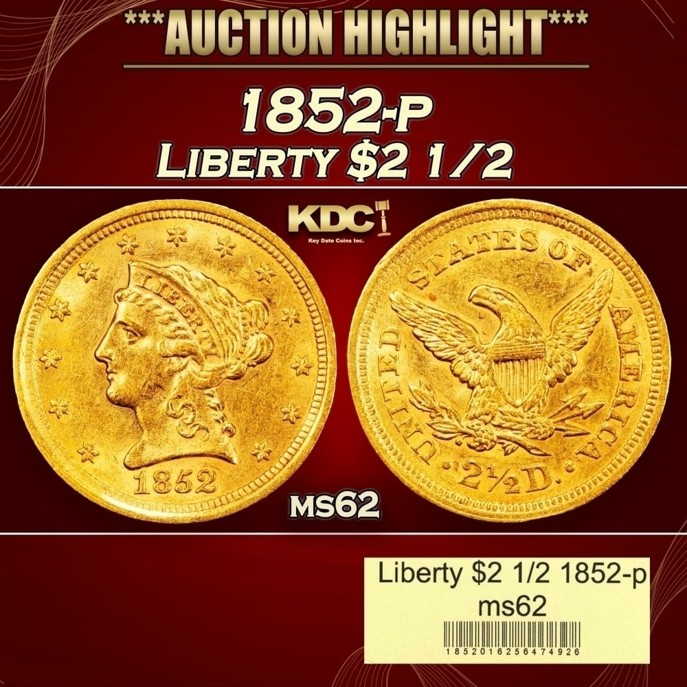 1852-p Gold Liberty Quarter Eagle $2 1/2 ms62 USCG: 1852-p Gold Liberty Quarter Eagle $2 1/2 ms62 USCG. 0