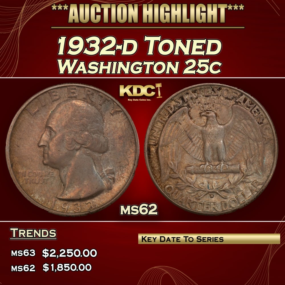 1932-d Washington Quarter Toned 25c ms62 USCG (1 of 1)