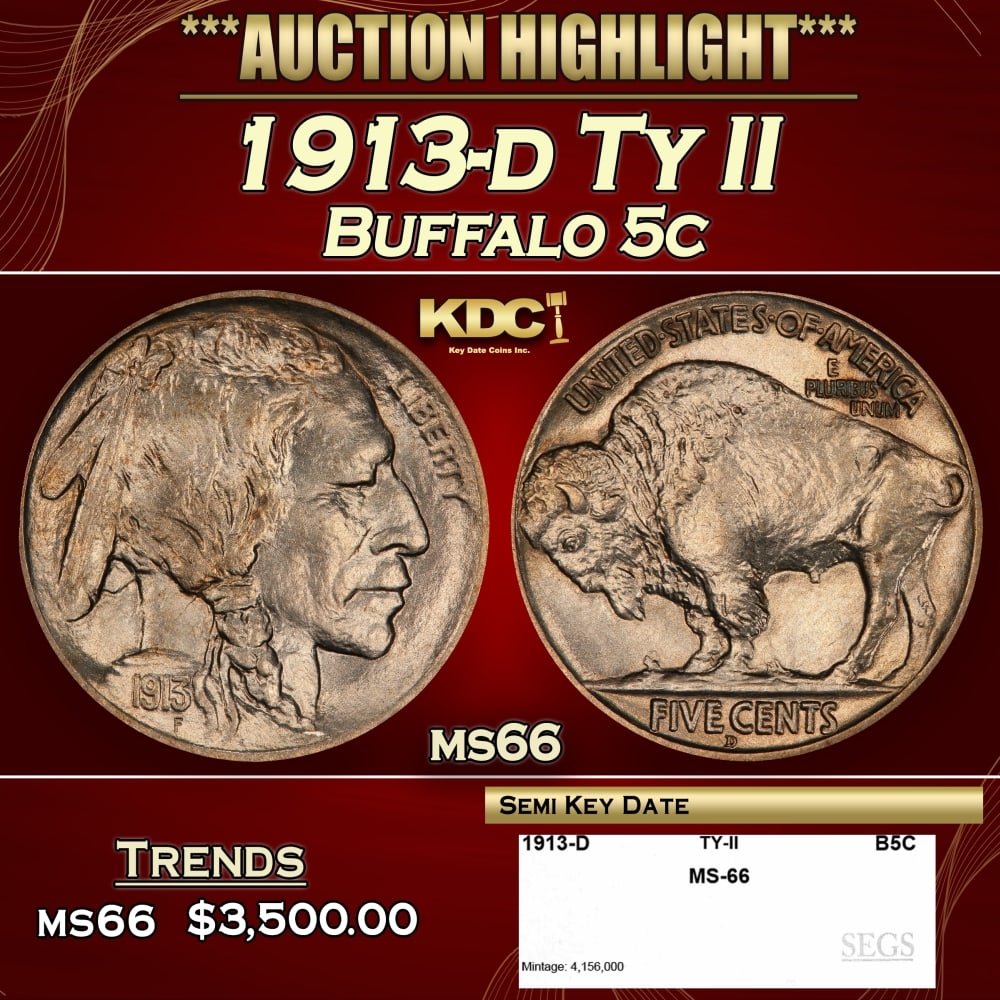1913-d Ty II Buffalo Nickel 5c ms66 SEGS (1 of 2)