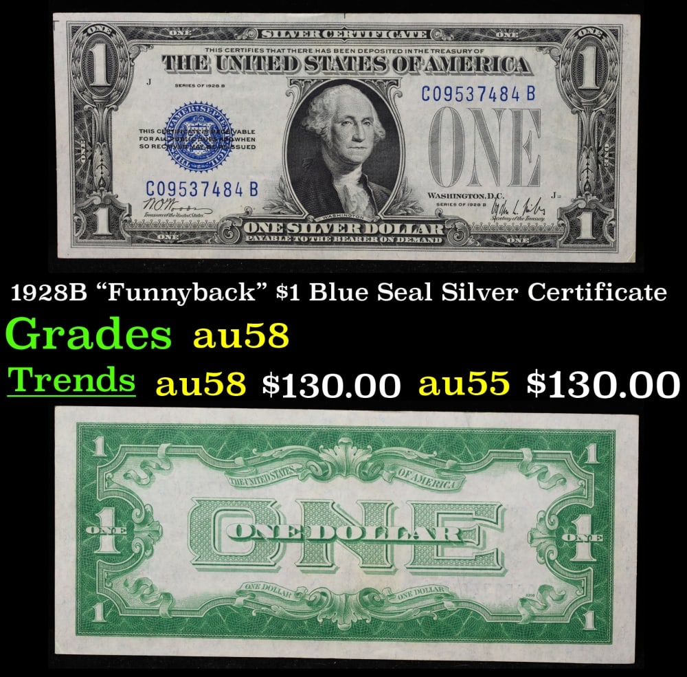 1928B $1 Blue Seal Silver Certificate "Funnyback" Grades Choice AU/BU Slider: 1928B $1 Blue Seal Silver Certificate "Funnyback" Grades Choice AU/BU Slider. FR-1602 Signatures Woods-Mills These were the first notes to be called funnybacks. The reason they are called funnybacks i
