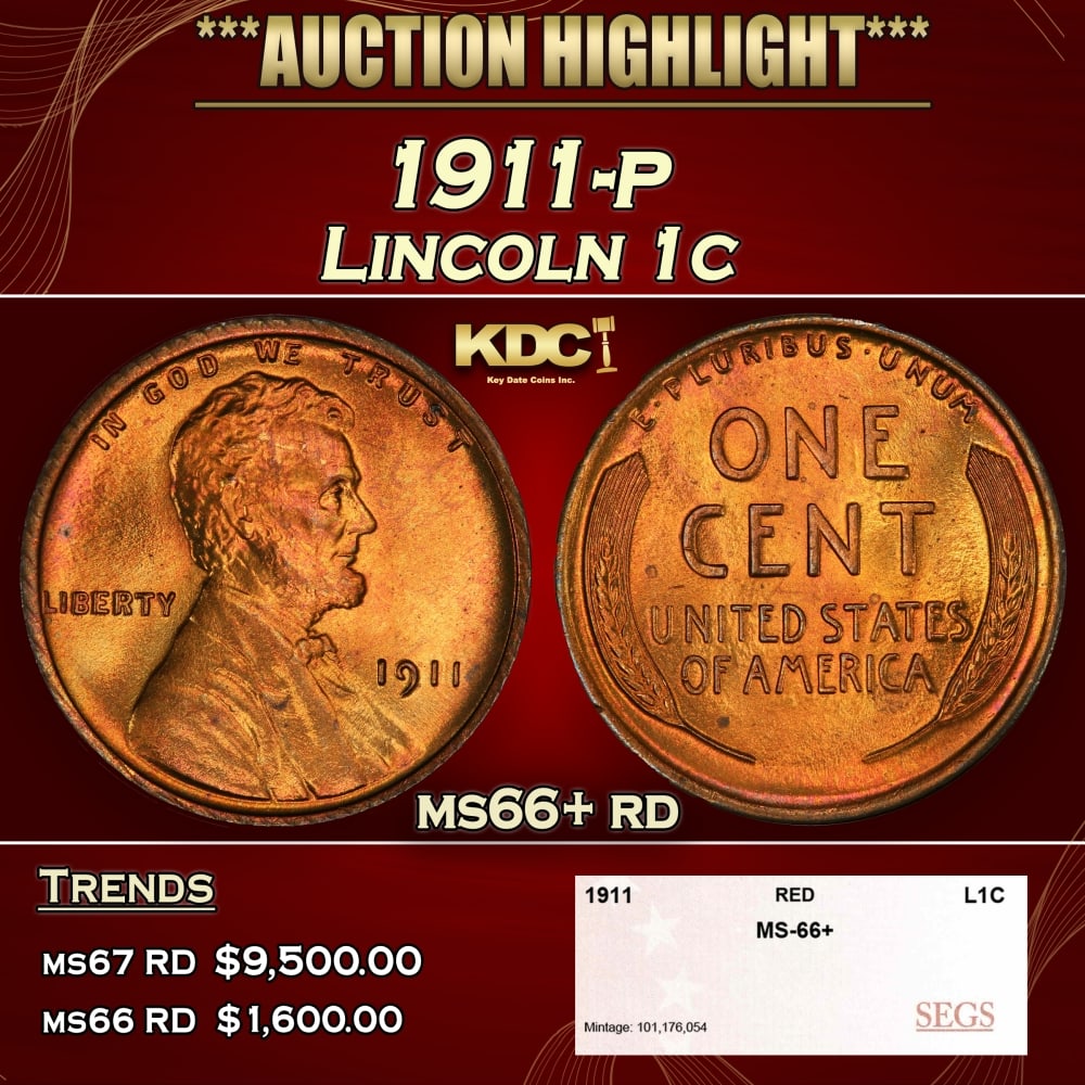 1911-p Lincoln Cent 1c ms66+ rd SEGS (1 of 2)
