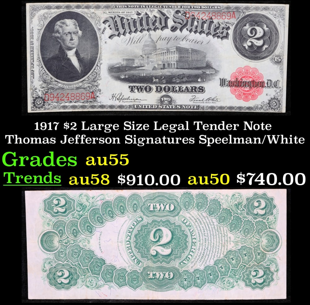 1917 $2 Large Size Legal Tender Note Thomas Jefferson Grades Choice AU Signatures Speelman/White (1 of 1)