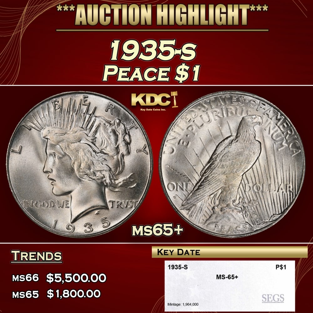 1935-s Peace Dollar $1 ms65+ SEGS (1 of 2)