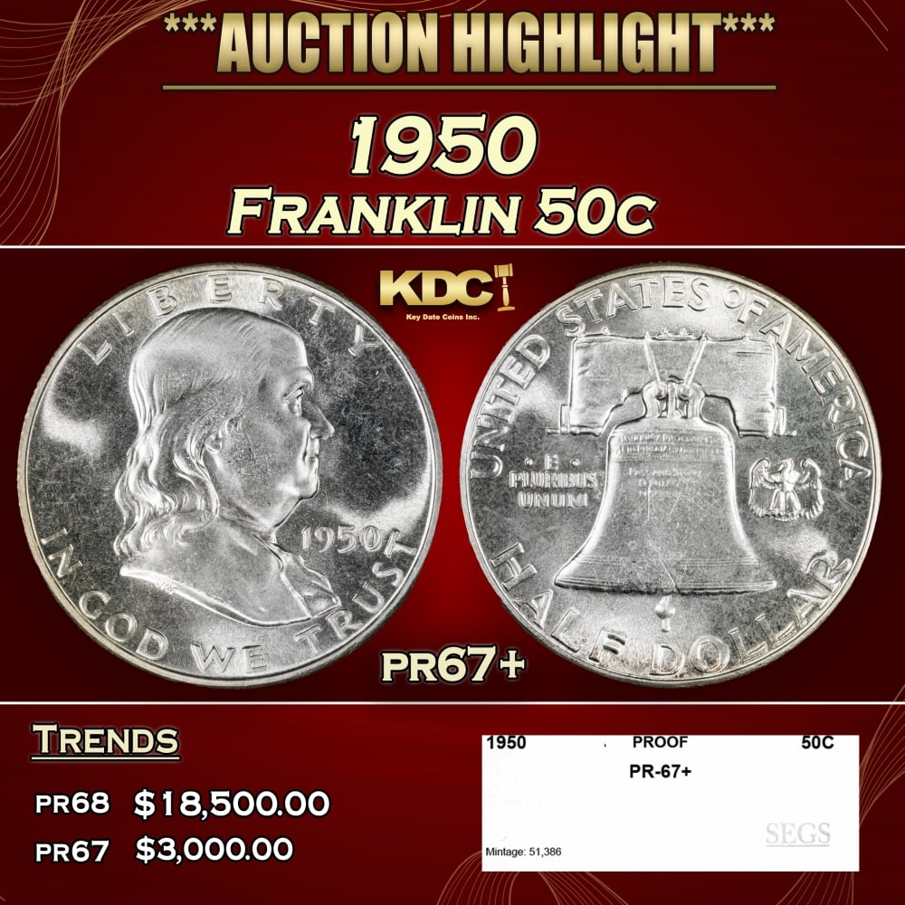 1950 Proof Franklin Half Dollar 50c pr67+ SEGS (1 of 2)