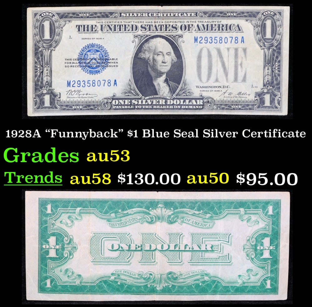 1928A $1 Blue Seal Silver Certificate "Funnyback" Grades Select AU: 1928A $1 Blue Seal Silver Certificate "Funnyback" Grades Select AU. FR-1601 Signatures Woods-Mellon These were the first notes to be called funnybacks. The reason they are called funnybacks is because