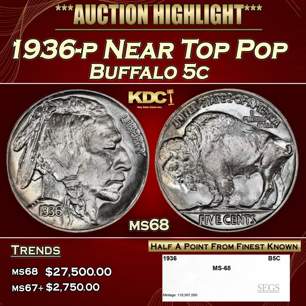 1936-p Buffalo Nickel Near Top Pop 5c ms68 SEGS (1 of 2)