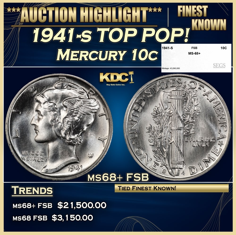 1941-s Mercury Dime TOP POP! 10c ms68+ FSB SEGS (1 of 2)