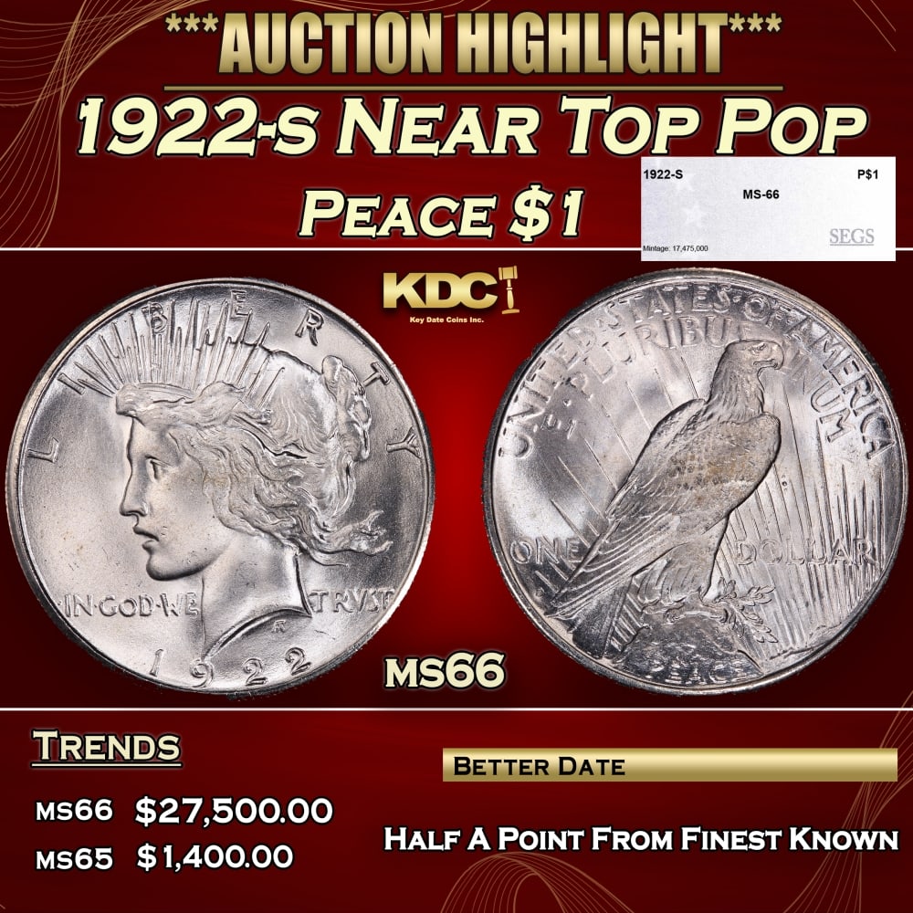 1922-s Peace Dollar Near Top Pop $1 ms66 SEGS: 1922-s Near Top Pop Peace Dollar $1 ms66 SEGS. 0