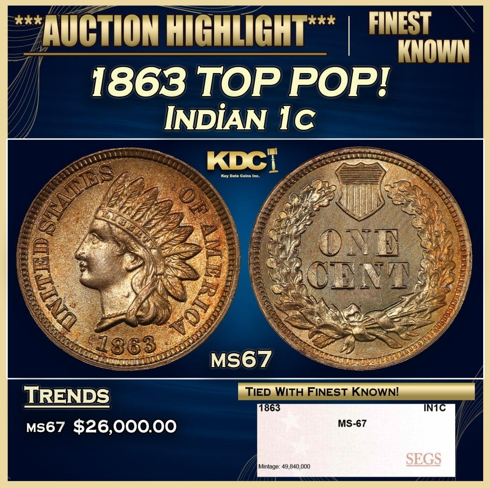 1863 Indian Cent TOP POP! 1c ms67 SEGS (1 of 2)