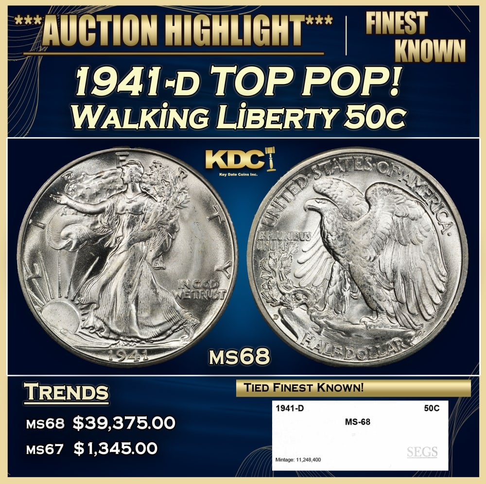 1941-d Walking Liberty Half Dollar TOP POP! 50c ms68 SEGS: 1941-d TOP POP! Walking Liberty Half Dollar 50c ms68 SEGS.