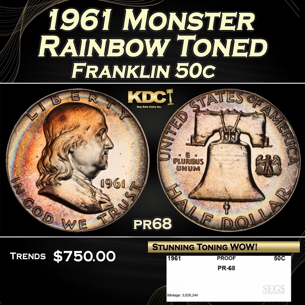 1961 Proof Franklin Half Dollar Monster Rainbow Toned 50c pr68 SEGS (1 of 4)